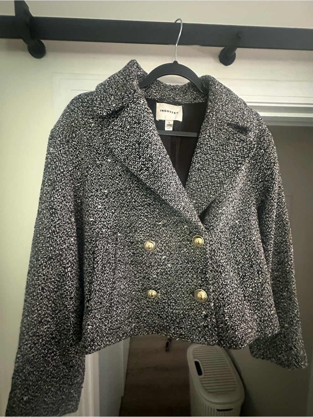 INDUSTRY Cropped Black-Gray Tweed Double-Breasted Blazer